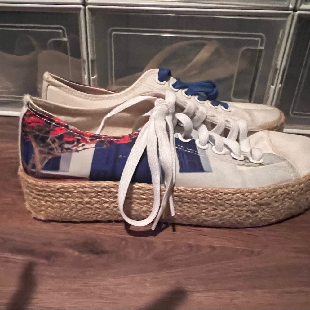 Platform Espadrille Lace-Up Sneakers in White and Blue